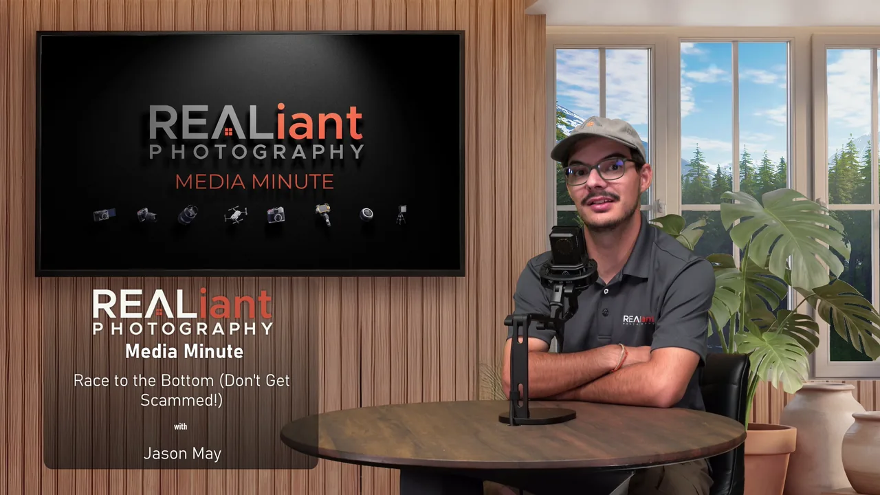 A solo Realiant Media Minute presenter recording in front of a custom branded set