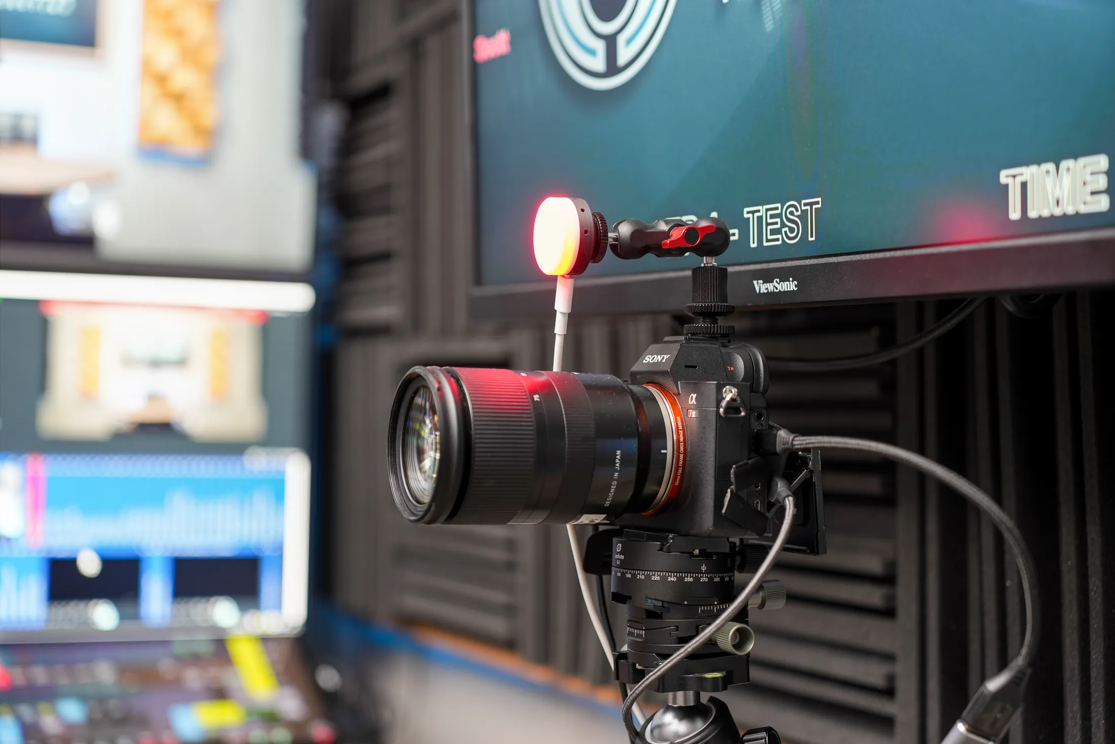 Sony studio camera with its recording tally light active