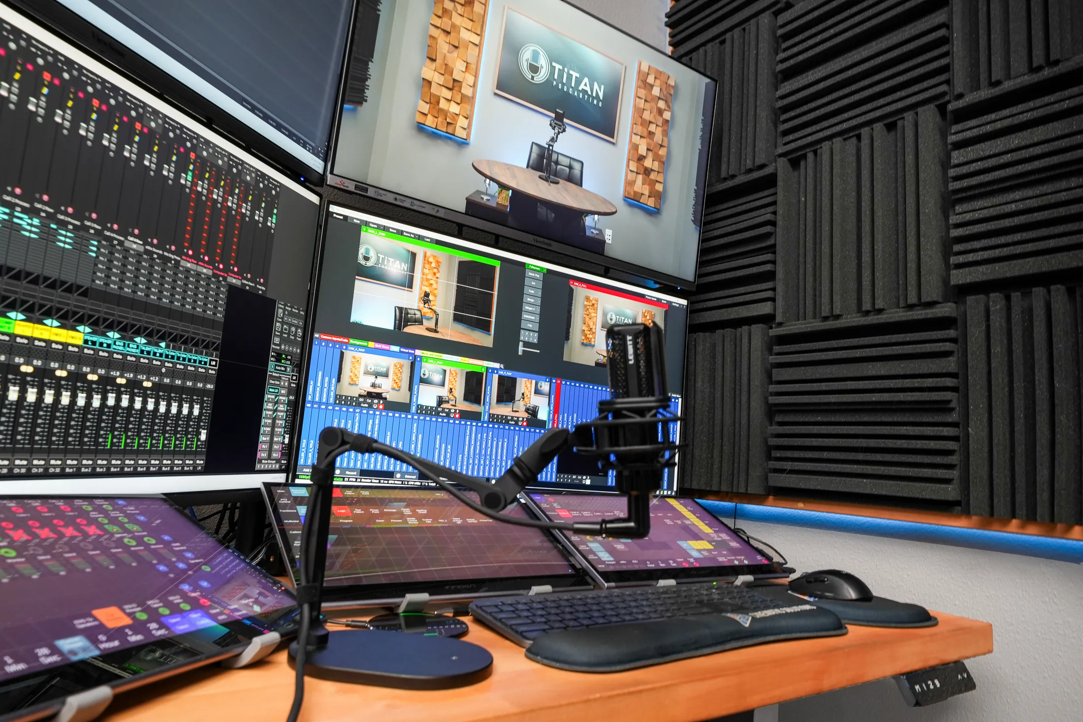 Titan Podcasting audio, camera, and live-production controls monitoring the prepared recording set