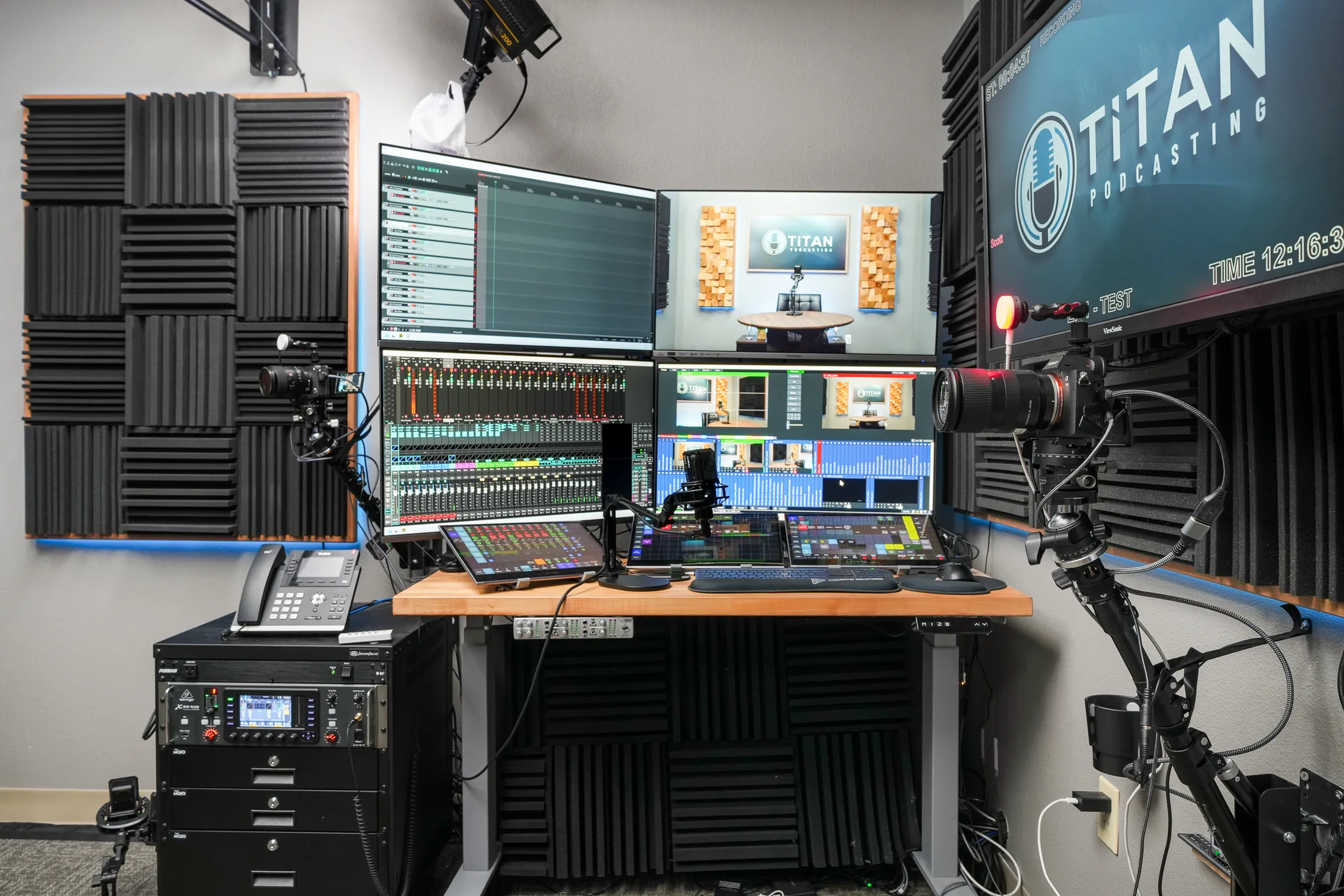 Titan Podcasting control station with cameras, audio meters, and live switching monitors