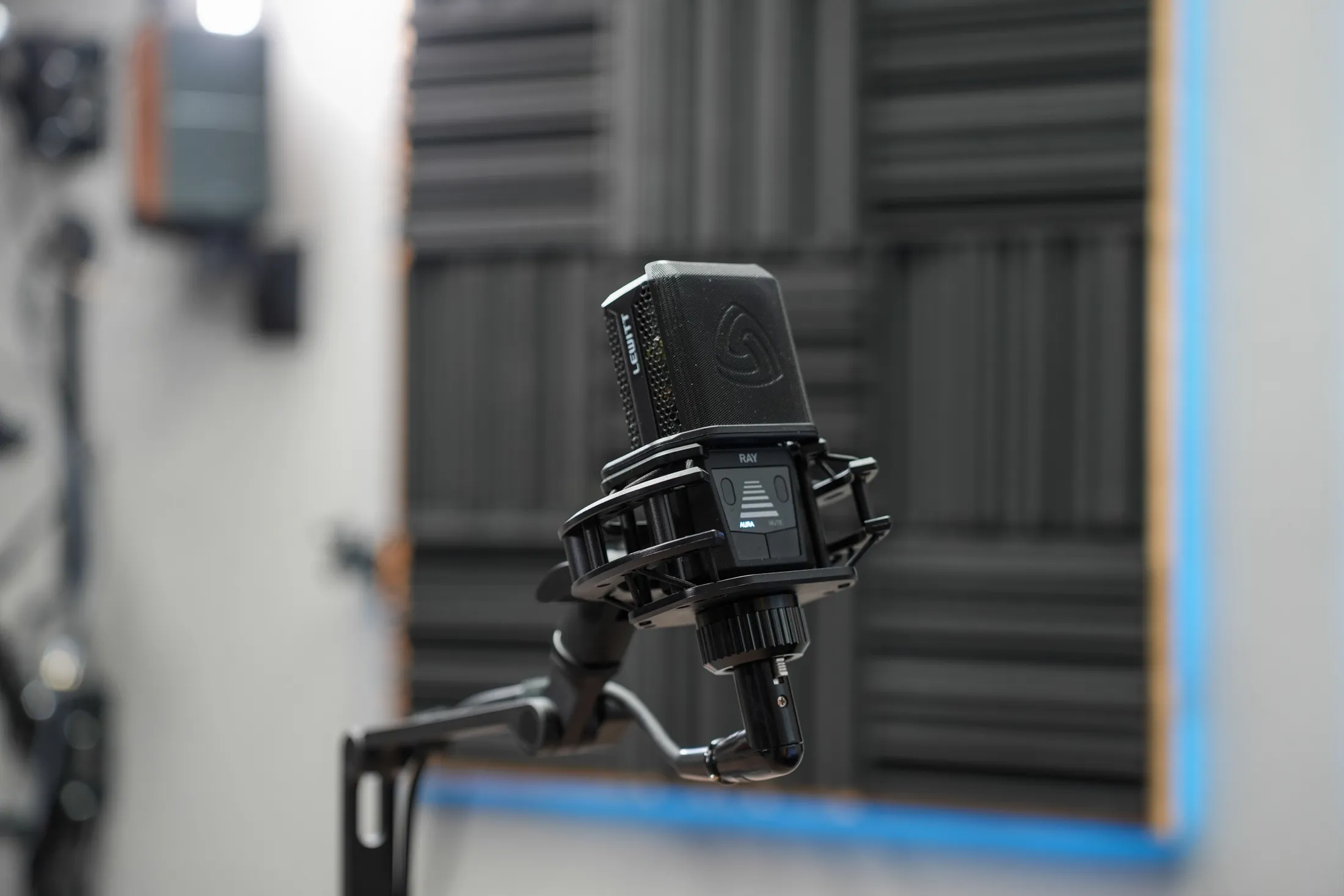 Close view of a Titan Podcasting studio microphone
